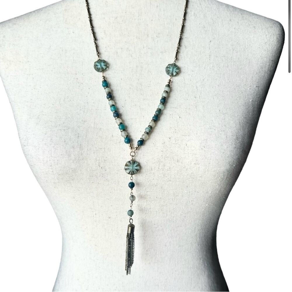Vintage Boho Beaded Lariat Necklace | Turquoise & Gold Tassel Pendant